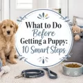 Puppy sitting in a bright modern home with puppy supplies, a leash, dog bed, food bowl, toys, and centered title text about getting a puppy.