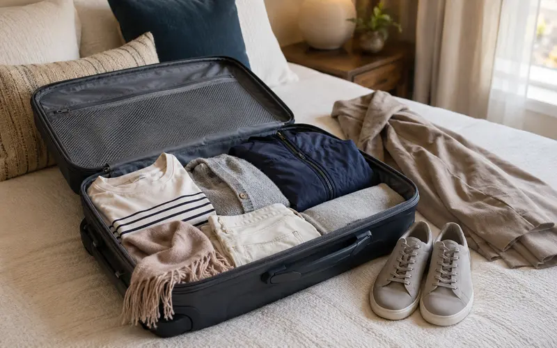 Open suitcase packed with versatile clothing and layers for a trip with changing climates.