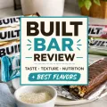 Featured image for a Built Bar review showing original-style BUILT Bars and a chocolate-coated protein bar with text highlighting taste, texture, nutrition, and best flavors.