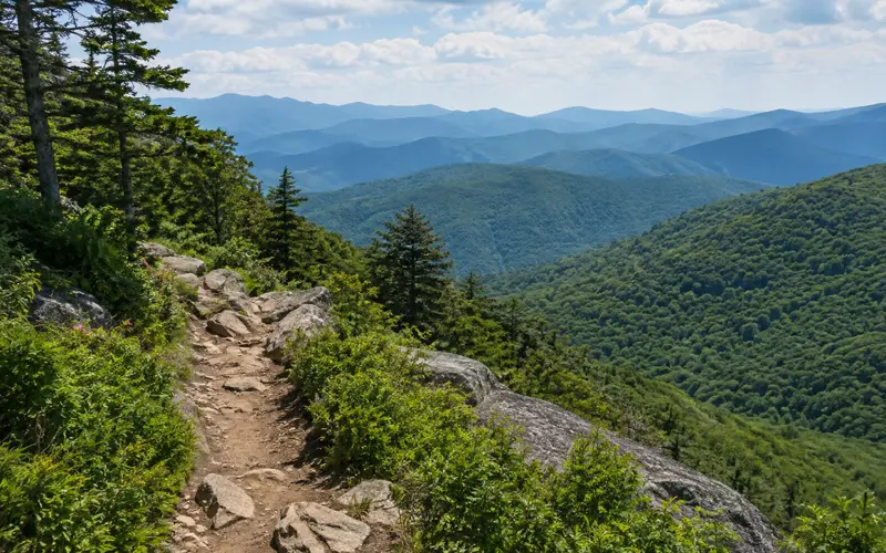 Scenic mountain hiking trail surrounded by forest and layered Appalachian ridges
