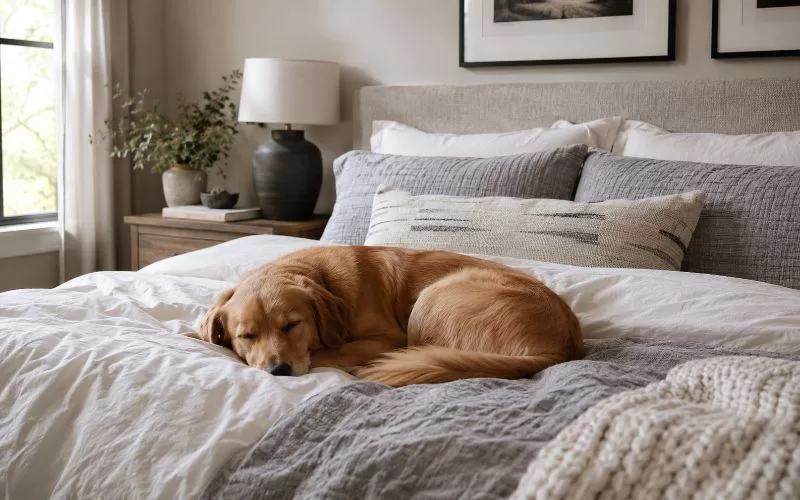 Golden dog curled up asleep on a neatly made bed with white sheets and gray bedding in a calm bedroom.