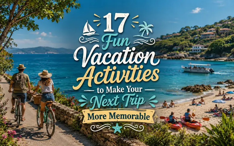 Fun vacation activities including beach time, outdoor adventures, sightseeing, and exploring.
