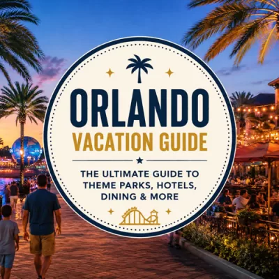Universal Orlando vacation tips graphic with theme park travel elements, palm trees, tickets, sunglasses, and Florida vacation style.