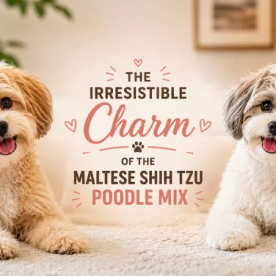 Featured image showing two adorable Maltese Shih Tzu Poodle mix dogs beside centered text reading The Irresistible Charm of the Maltese Shih Tzu Poodle Mix.