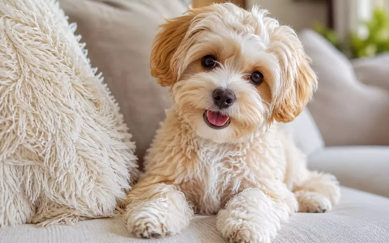 Cute Maltese Shih Tzu Poodle mix dog relaxing on a cozy couch with fluffy cream and tan fur and an adorable happy expression.