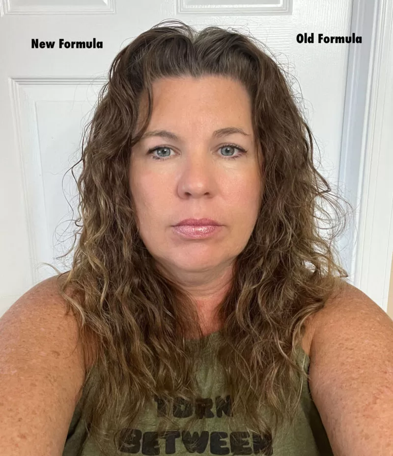 Front view comparing hair styled with the new and original Aussie Instant Freeze formulas.