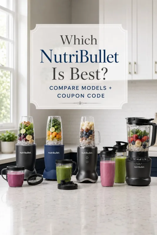 Vertical comparison image featuring five NutriBullet blender models with the title Which NutriBullet Is Best? Compare Models and Coupon Code.
