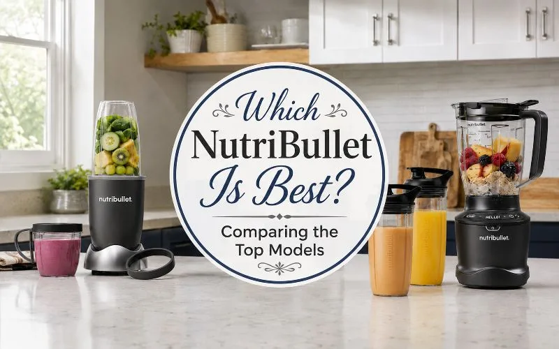NutriBullet blender models surrounding the centered title Which NutriBullet Is Best? Comparing the Top Models.