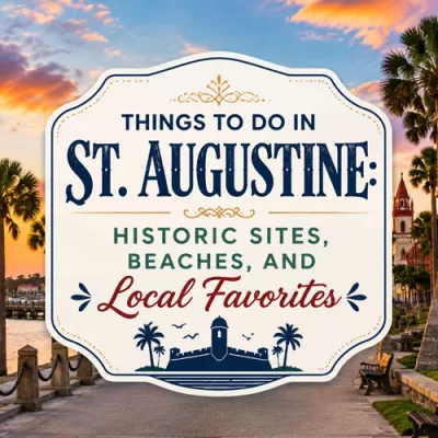St. Augustine waterfront sunset with a tighter centered travel-style graphic featuring historic sites, beaches, and local favorites.