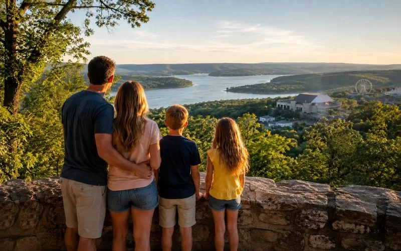 Family overlooking an Ozarks lake and green hills from a scenic stone overlook at sunset.