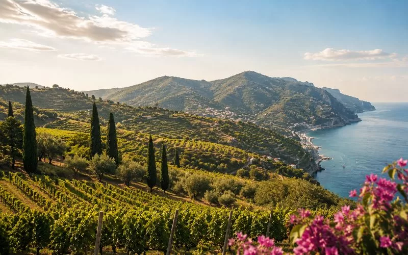 Rolling vineyard hills with cypress trees leading toward a distant blue coastline under warm sunlight.