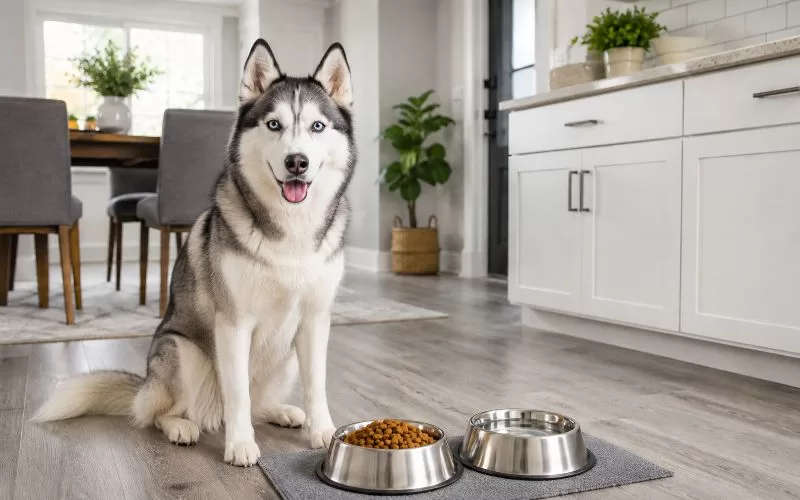 Happy Siberian husky with blue eyes sitting beside a food bowl and water bowl in a bright gray and white kitchen.