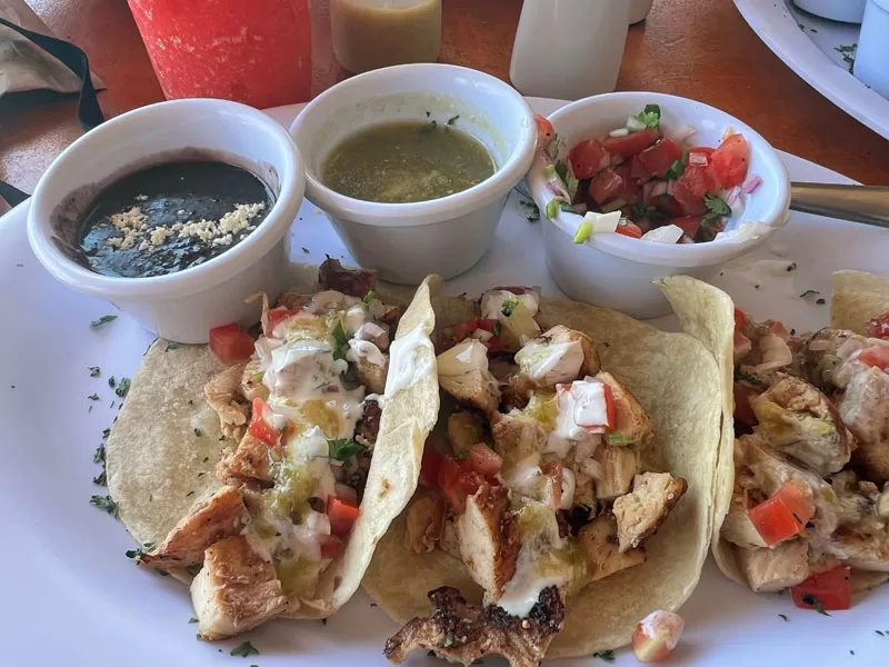 Chicken tacos served with salsa and toppings during a Cozumel cruise excursion.