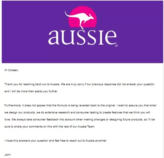 Email from Aussie customer service stating that Instant Freeze was not reverted to its original formula.