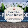 Poolside wooden flower box filled with white tulips with centered title text for a Board & Brush review.