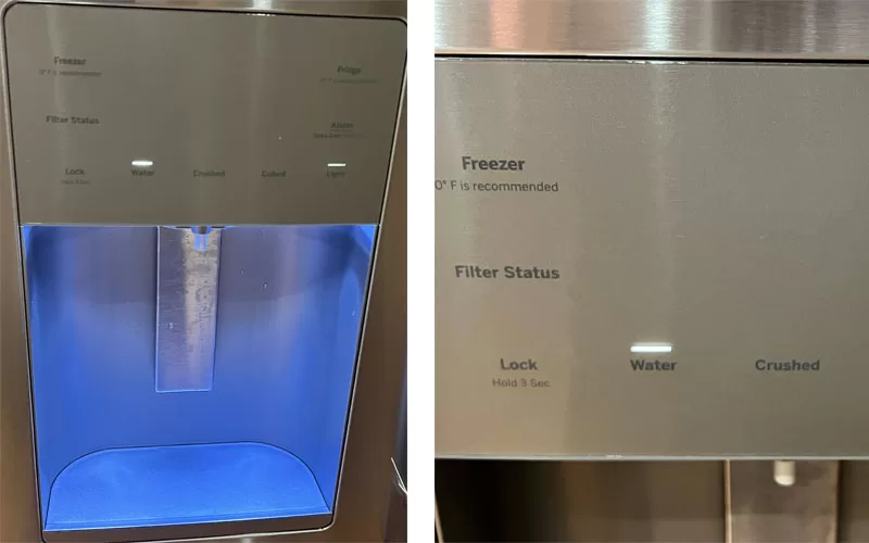 GE refrigerator water and ice dispenser with illuminated blue interior and touch control panel