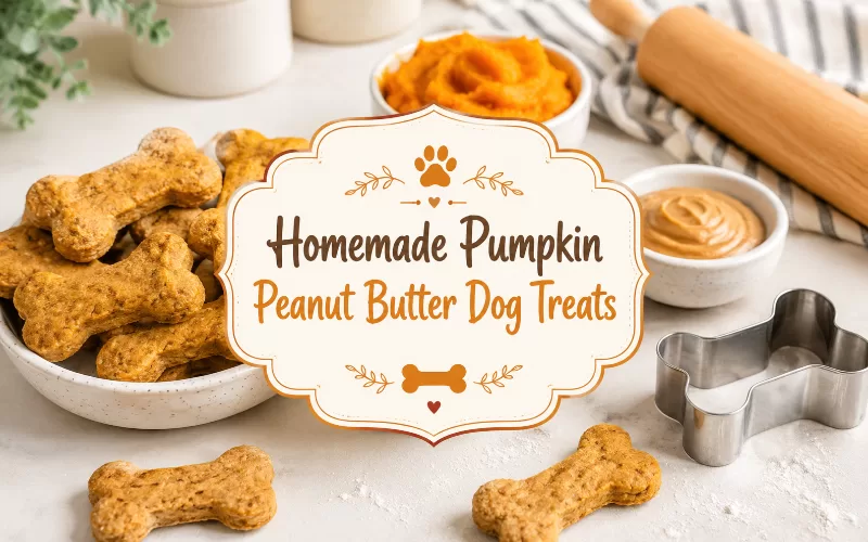 Homemade pumpkin peanut butter dog treats with pumpkin puree, peanut butter, a dog bone cookie cutter, and decorative title text.
