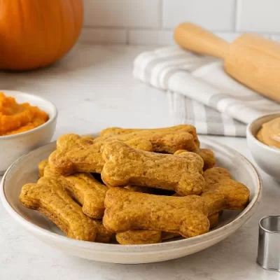 Homemade pumpkin peanut butter dog treats in a bowl with pumpkin puree, peanut butter, a rolling pin, and a dog bone cookie cutter on a light kitchen counter.