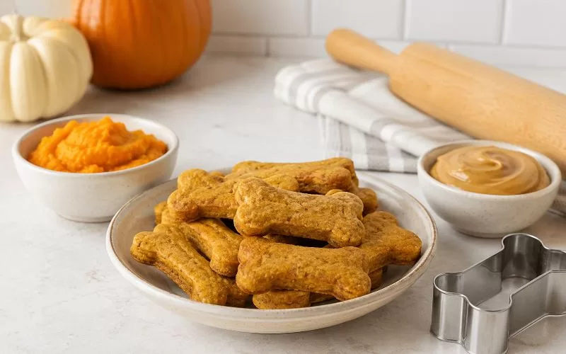 Homemade pumpkin peanut butter dog treats in a bowl with pumpkin puree, peanut butter, a rolling pin, and a dog bone cookie cutter on a light kitchen counter.
