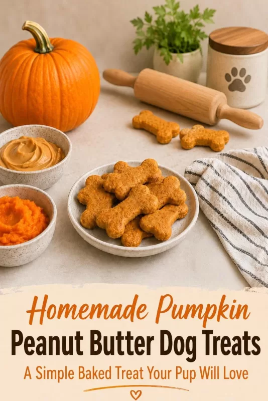 Homemade pumpkin peanut butter dog treats in a bowl with pumpkin puree, peanut butter, a rolling pin, and promotional recipe text.