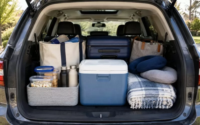 Organized SUV trunk packed with luggage, tote bags, cooler, snack containers, water bottles, pillows, and a folded blanket.