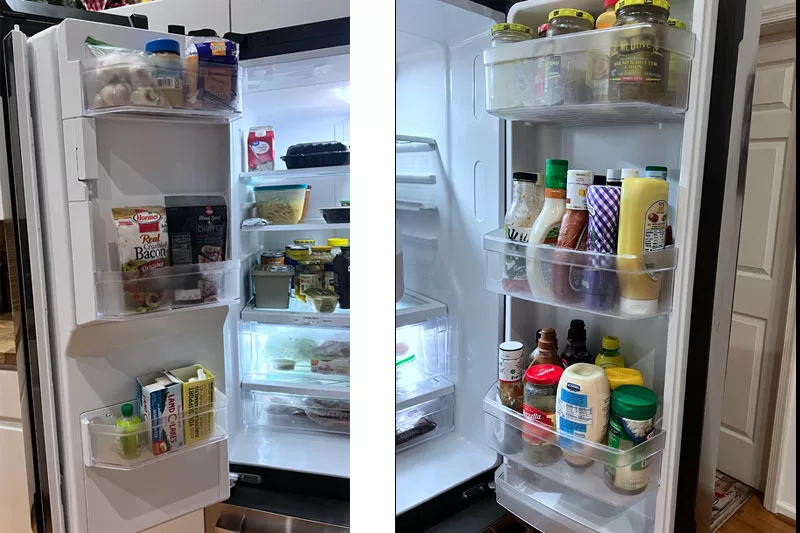 GE GFE26JYMFS refrigerator door storage compartments holding condiments, drinks, dairy items, and food containers