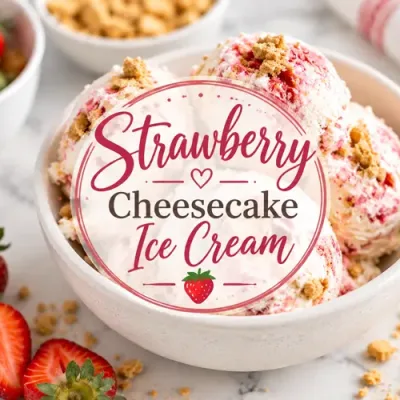 Bowl of strawberry cheesecake ice cream with fresh strawberries, graham cracker pieces, and decorative text that reads Strawberry Cheesecake Ice Cream.