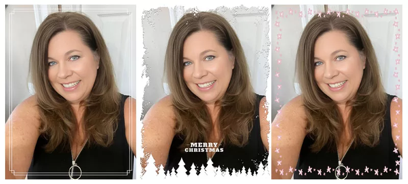 Three portrait photos showing different decorative frame options applied in Fotor
