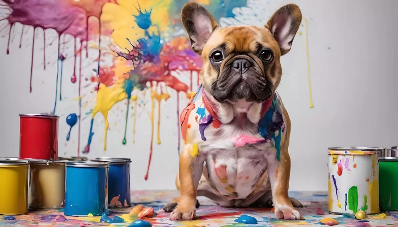 French bulldog surrounded by colorful paint cans and splattered paint created with an AI image generator