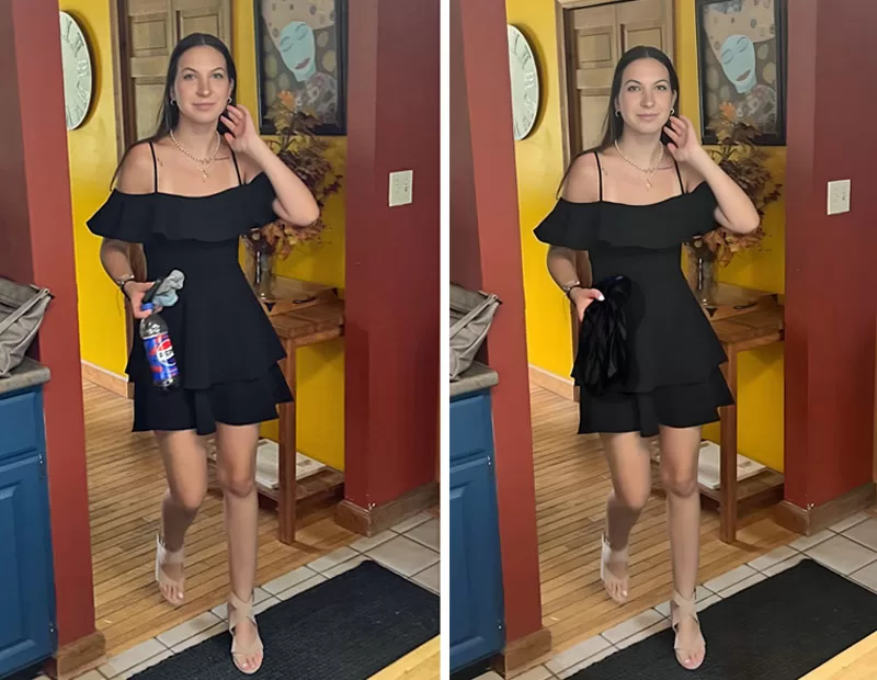 Before and after photo showing an AI replace tool changing an item in a person’s hand
