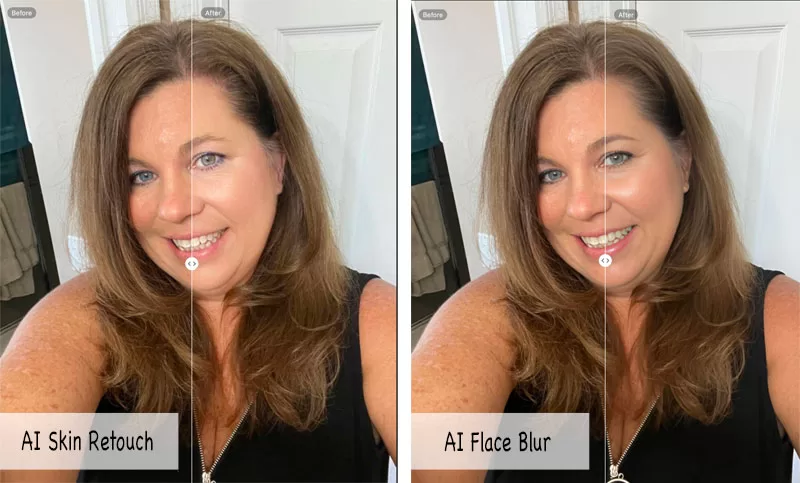 Before and after comparison showing AI skin retouch and face blur tools applied to a portrait photo