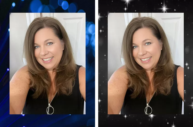 Two portrait photos with decorative blue and starry backgrounds added behind the image