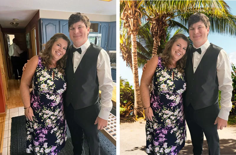 Before and after photo showing a background changed from an indoor room to a tropical beach setting
