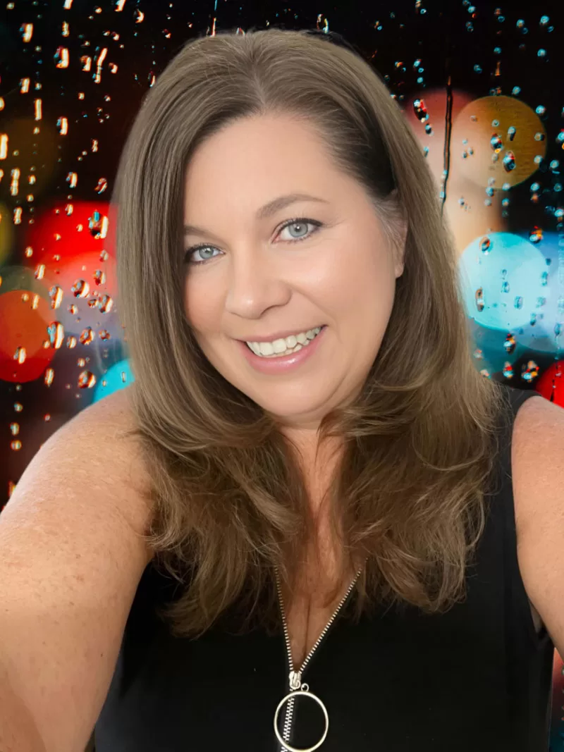 Portrait photo with a colorful rainy-window background created using an AI background tool