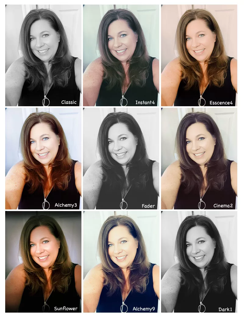 Grid of portrait photos showing different Fotor effects and filters applied to the same image