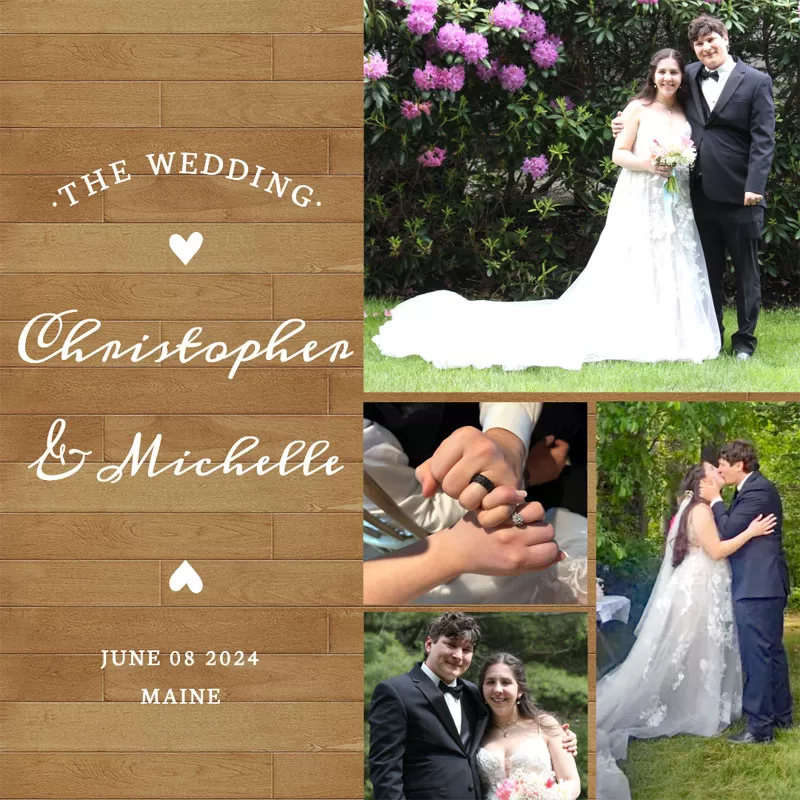 Wedding photo collage with a wood-style background, ceremony photos, names, date, and location