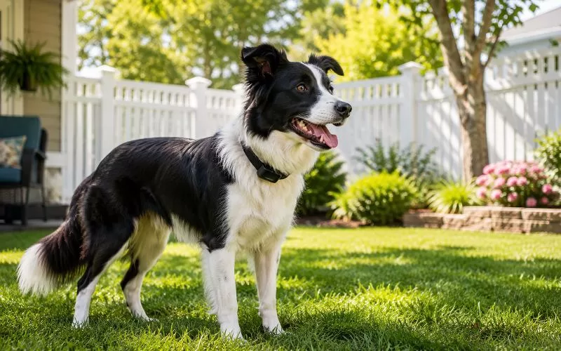 Border collie wearing a collar while standing in a fenced backyard on a sunny day.
