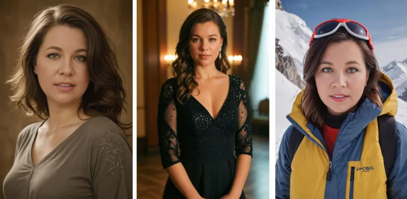Three AI-generated avatar portraits showing different outfits, backgrounds, and character styles