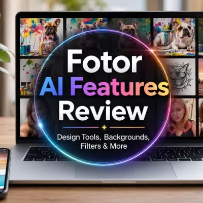Laptop displaying creative AI design examples with a centered Fotor AI Features Review title overlay