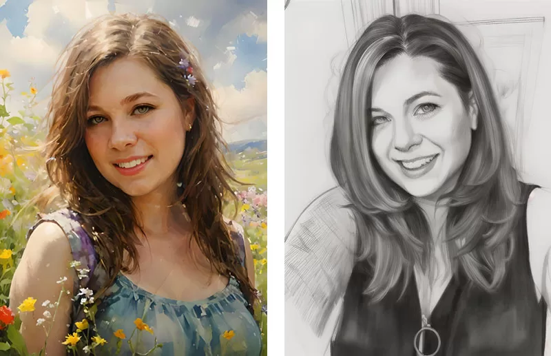 Side-by-side examples of watercolor and sketch-style portraits created with AI image filters