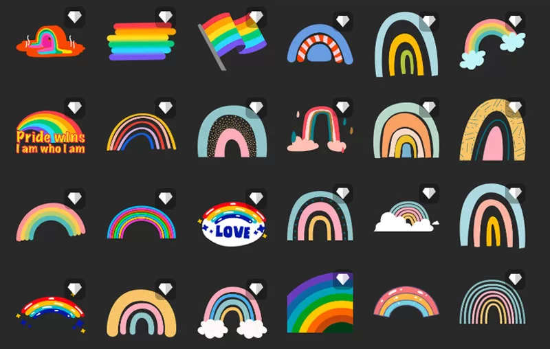 Fotor element search results showing colorful rainbow stickers and graphics