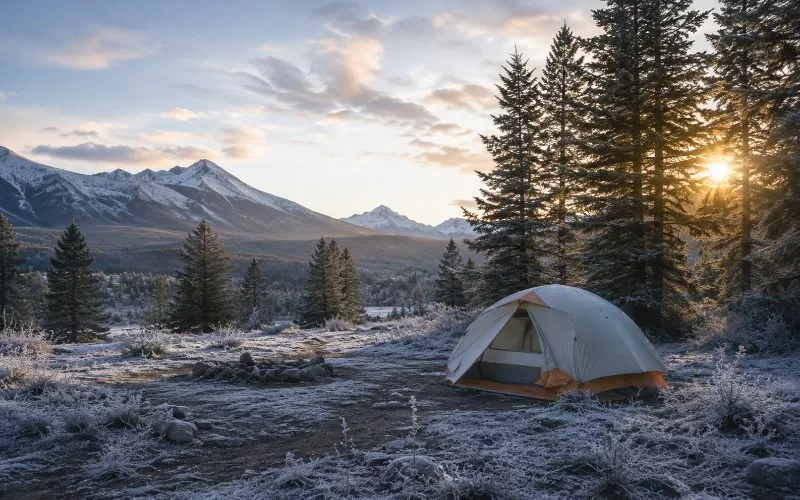 Tent campsite with frost-covered ground, evergreen trees, snowy mountains, and sunrise light in the distance.