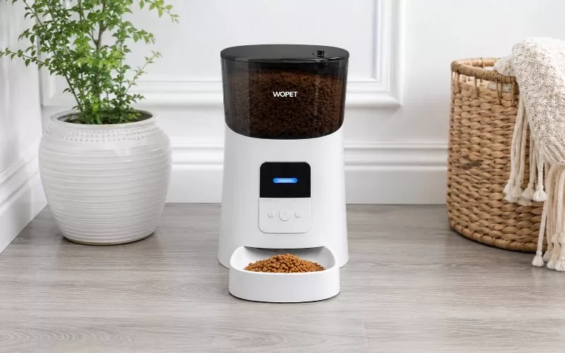 WOPET automatic pet feeder filled with dry pet food in a bright home setting with grey wood flooring and a pet water fountain nearby.