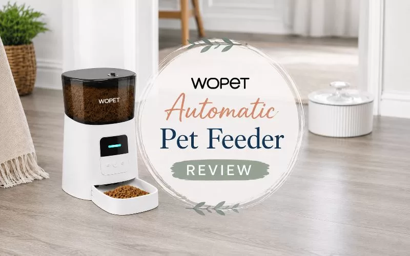 WOPET automatic pet feeder on grey wood flooring with decorative text that reads WOPET Automatic Pet Feeder Review.