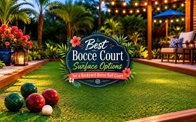 Backyard bocce court with colorful bocce balls, tropical plants, string lights, and decorative text about bocce court surface options.
