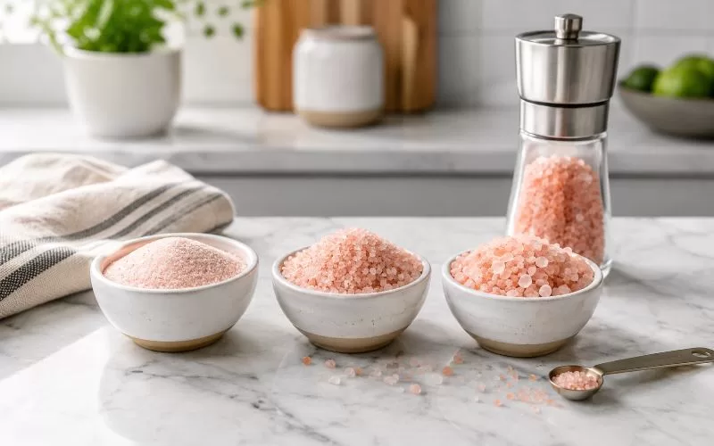 Small bowls of fine, medium, and coarse pink Himalayan salt on a bright kitchen counter with a salt grinder and measuring spoon.