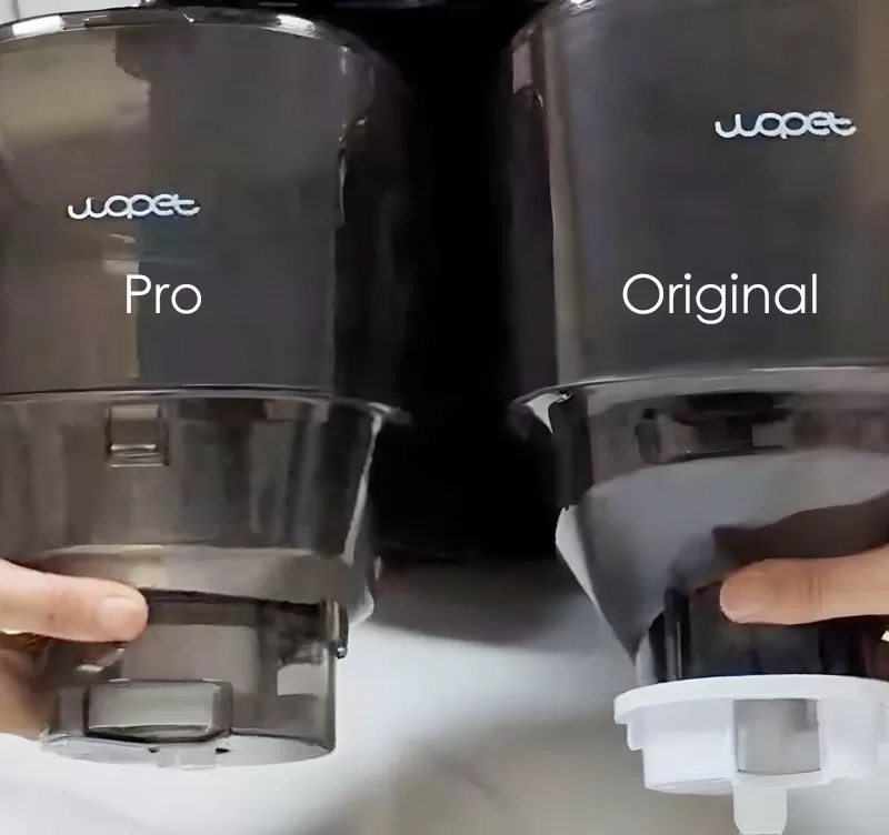 WOPet F07 Pro and original feeder food bins removed to compare the inside cleaning access.
