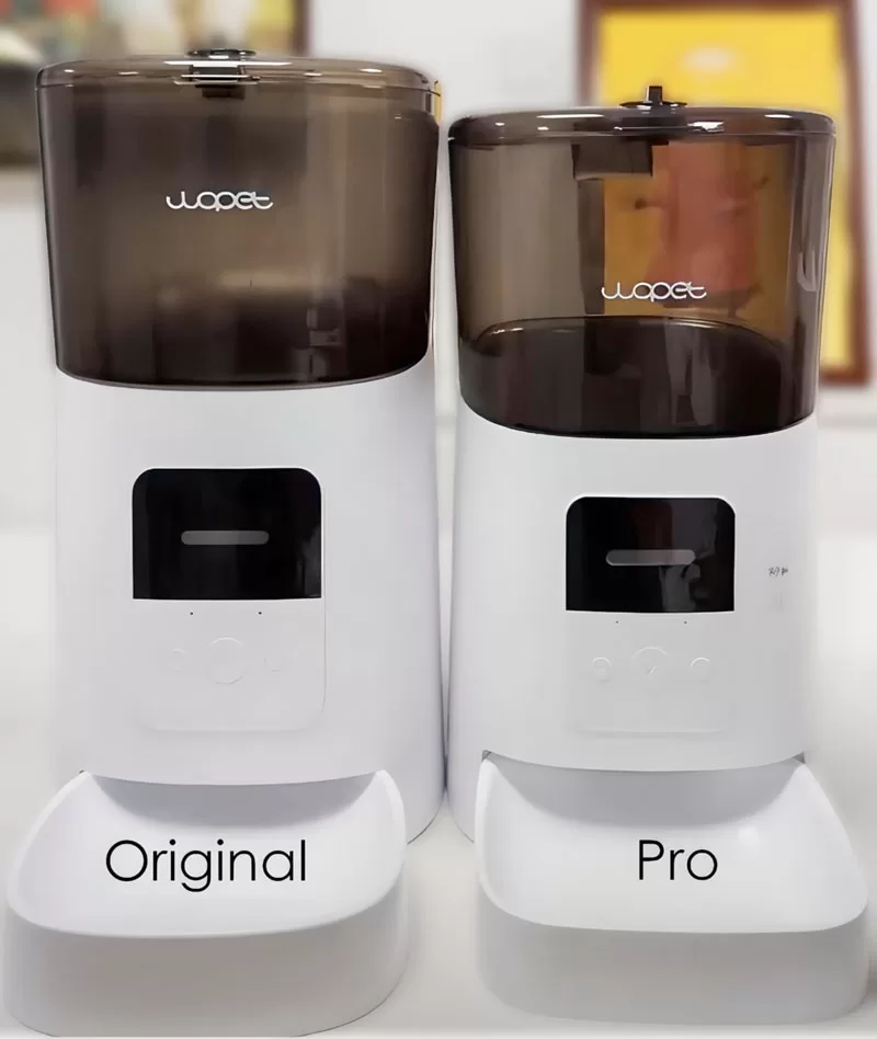 Original WOPet automatic pet feeder next to the WOPet F07 Pro showing differences in height and tray shape.