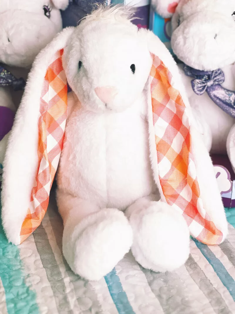 Soft white bunny plush toy with orange plaid ears, a sweet baby and grandchild gift idea.
