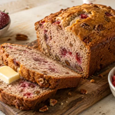 Old fashioned strawberry bread sliced on a wooden board with butter, pecans, and strawberries.